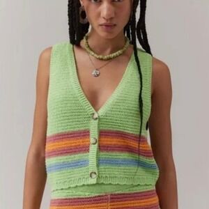 BDG Urban Outfitters Will Knit Top Button Up Crop Vest Green Striped XL